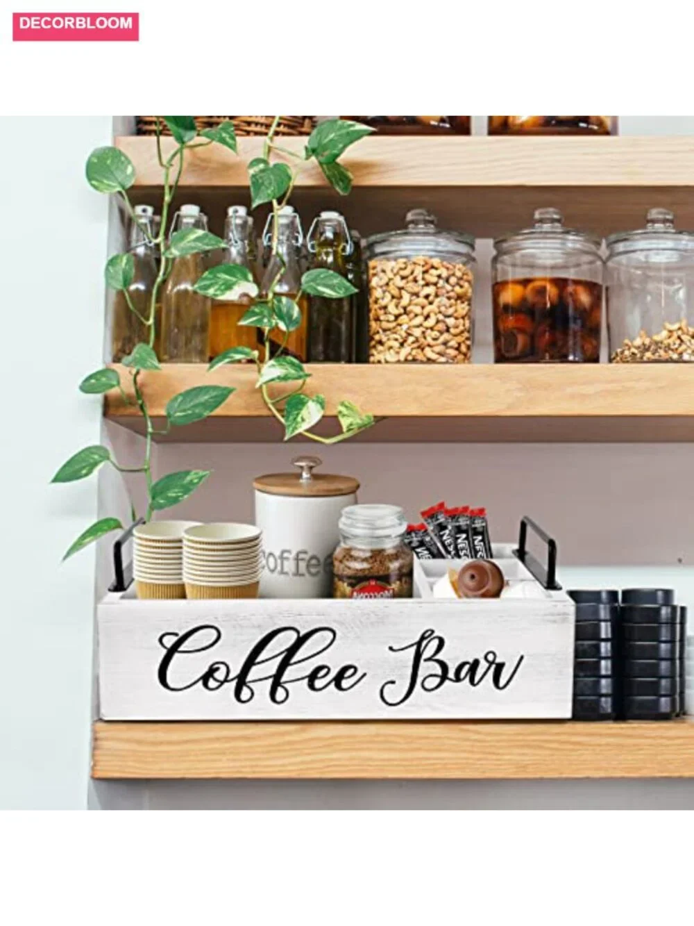 Wood Coffee Bar Organizer with 4 Compartments, Coffee Pod Holder & Storage